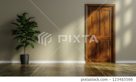 Stylish Interior with Wooden Door and Potted Plant in Sunlight 123483566
