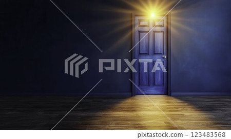 Blue Door with Bright Light Beam in Dark Room Setting Blue Door with Bright Light Beam in Dark Room Setting 123483568