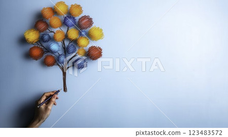 Colorful Tree Illustration on Blue Background with Hand Drawing 123483572