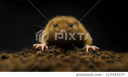 Curious Brown Mole Emerging from Soil in Dark Environment 123483577