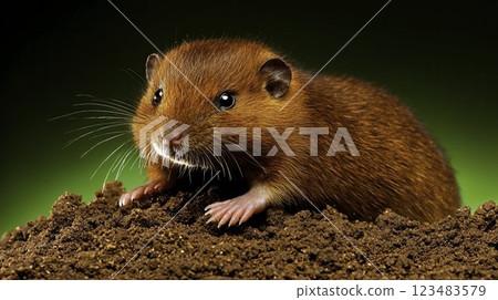 Close-Up of Brown Small Rodent on Soil with Green Background 123483579