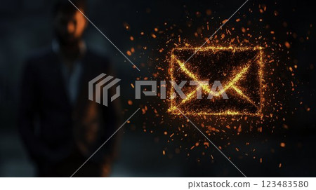 Man in Suit with Fiery Email Icon in a Dark Mysterious Background Man in Suit with Fiery Email Icon in a Dark Mysterious Background 123483580