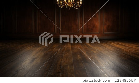 Elegant Vintage Room with Dark Wood Floor and Crystal Chandelier Elegant Vintage Room with Dark Wood Floor and Crystal Chandelier 123483597