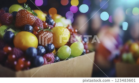 Fresh Assortment of Vibrant Fruits in Decorative Boxes with Bokeh 123483601