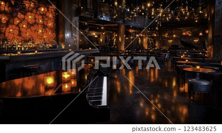 Elegant Bar Interior with Piano and Ambient Lighting in Evening Setting Elegant Bar Interior with Piano and Ambient Lighting in Evening Setting 123483625