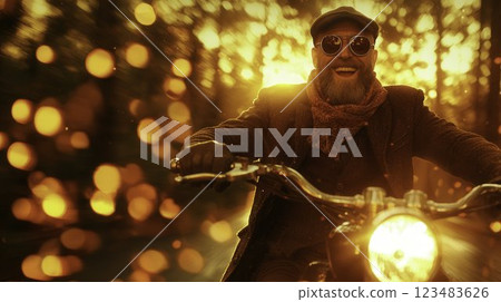 Joyful Man Riding Motorcycle in Golden Sunset with Bokeh Effect 123483626
