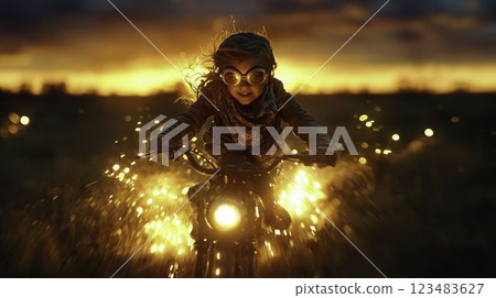 Young Girl Riding Bicycle with Sparks at Sunset in Outdoor Scene Young Girl Riding Bicycle with Sparks at Sunset in Outdoor Scene 123483627