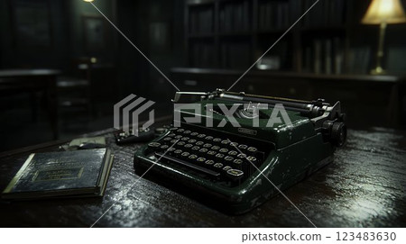 Vintage Green Typewriter on Wooden Desk in Cozy Library Setting 123483630