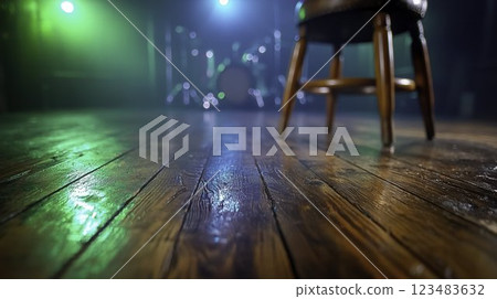 Empty Wooden Chair on Stage with Soft Fog and Colorful Lights Empty Wooden Chair on Stage with Soft Fog and Colorful Lights 123483632