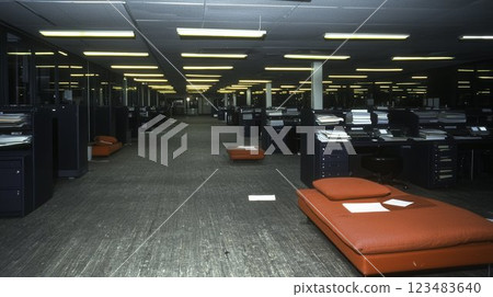 Modern Office Workspace with Red Cushions on the Floor Modern Office Workspace with Red Cushions on the Floor 123483640