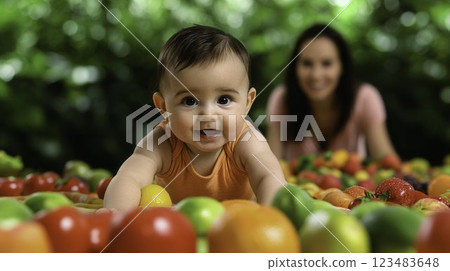 Smiling Baby Crawling Among Fresh Fruits and Green Background 123483648
