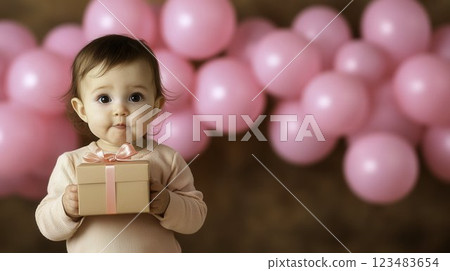 Cute Child Holding Gift Box Surrounded by Pink Balloons Cute Child Holding Gift Box Surrounded by Pink Balloons 123483654