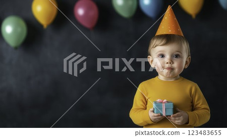 Cheerful Child in Birthday Hat Holding Gift Surrounded by Balloons Cheerful Child in Birthday Hat Holding Gift Surrounded by Balloons 123483655