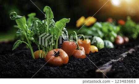Fresh Vegetables Growing in a Vibrant Organic Garden at Sunset Fresh Vegetables Growing in a Vibrant Organic Garden at Sunset 123483663