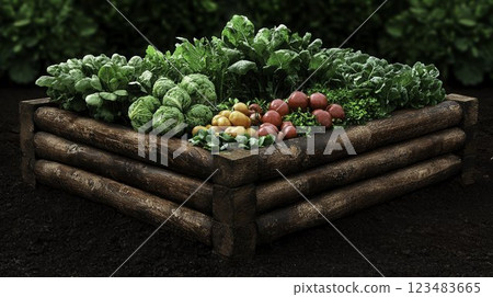Vibrant Vegetable Bed with Fresh Produce and Lush Green Plants 123483665