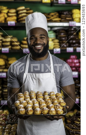 Happy Baker Holding Fresh Pastries in Colorful Bakery Display Happy Baker Holding Fresh Pastries in Colorful Bakery Display 123483693