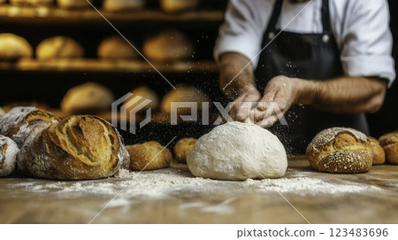 Artisan Baker Preparing Fresh Dough in a Rustic Bakery Setting 123483696