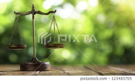 Antique Balance Scales Against Blurred Natural Background 123483705