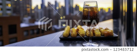 Refreshing beverage and tasty snacks at sunset in urban setting 123483712