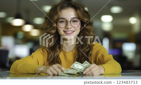 Young Woman Smiling with Cash in Modern Office Environment Young Woman Smiling with Cash in Modern Office Environment 123483713