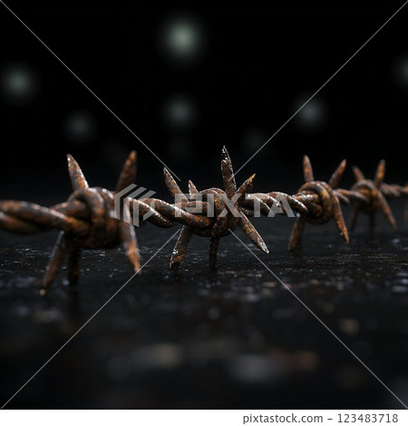 Close-up of Sharp Barbed Wire on Dark Background with Bokeh Effect Close-up of Sharp Barbed Wire on Dark Background with Bokeh Effect 123483718