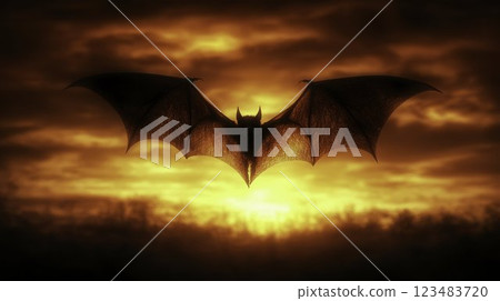 Majestic Bat Silhouetted Against Dramatic Sunset Sky Background Majestic Bat Silhouetted Against Dramatic Sunset Sky Background 123483720