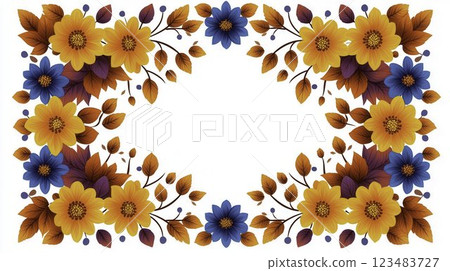 Vibrant Floral Border Design with Colorful Flowers and Leaves 123483727