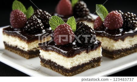 Delicious Layered Dessert with Berries and Mint on a White Plate 123483737