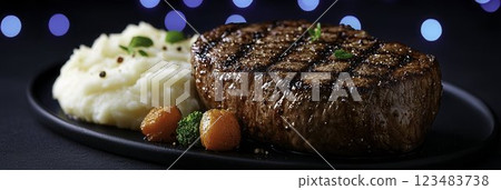 Grilled Steak with Creamy Mashed Potatoes and Colorful Vegetables 123483738