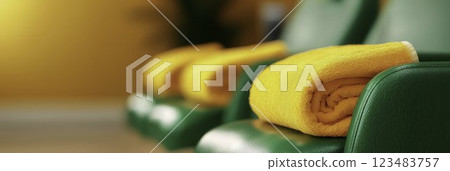 Cozy Green Chairs with Soft Yellow Towels in a Relaxing Setting Cozy Green Chairs with Soft Yellow Towels in a Relaxing Setting 123483757