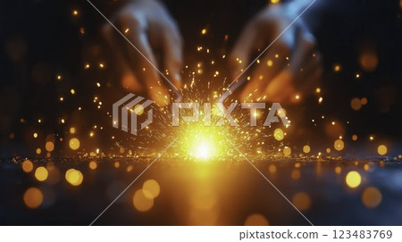 Spark Creation with Hands and Glowing Embers in Dark Environment Spark Creation with Hands and Glowing Embers in Dark Environment 123483769