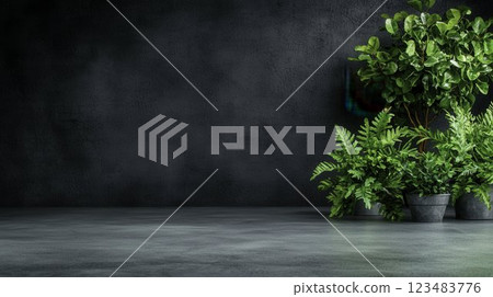 Lush Green Indoor Plants in Simple Pots Against Dark Wall Lush Green Indoor Plants in Simple Pots Against Dark Wall 123483776