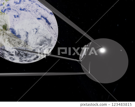 Satellite Sputnik 1 in space with Earth in the background. Elements of vertical 3D rendered illustration were furnished by NASA. Satellite Sputnik 1 in space with Earth in the background. Elements of vertical 3D rendered illustration were furnished by NASA. 123483815