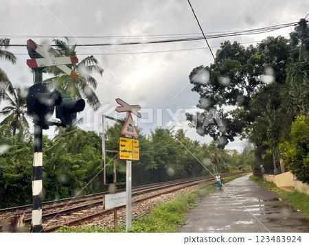 Rainy railway crossing with traffic lights and warning signs 123483924