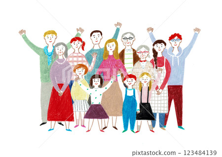 手繪插圖各年齡層的微笑男人和女人 手繪插圖各年齡層的微笑男人和女人 123484139