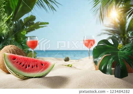 The photo of front view with summer beach background, a fine sand has sunshine and contains tropical fruits and plants such as watermelon, coconut tree, monstera leaves. Blank space for design The photo of front view with summer beach background, a fine sand has sunshine and contains tropical fruits and plants such as watermelon, coconut tree, monstera leaves. Blank space for design 123484282