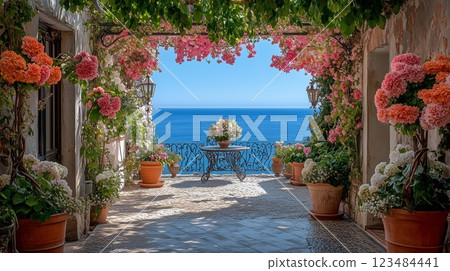 Beautiful ocean view from the terrace of a European apartment 123484441