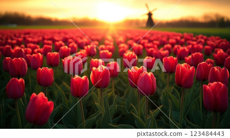 一大片鬱金香田沐浴在清晨的陽光下 一大片鬱金香田沐浴在清晨的陽光下 123484443