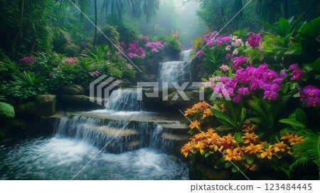 叢林深處，瀑布旁的河邊花朵盛開 123484445