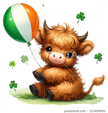 Cute St. Patrick Day Highland Cow Clipart. Irish Baby Highland Cow. Lucky Clover Festive Illustration 123484600