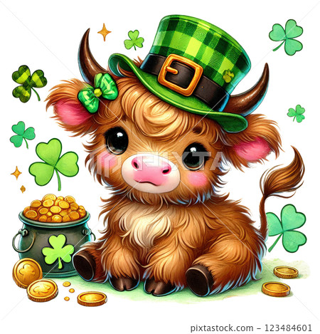 Cute St. Patrick Day Highland Cow Clipart. Irish Baby Highland Cow. Lucky Clover Festive Illustration 123484601