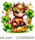 Cute St. Patrick Day Highland Cow Clipart. Irish Baby Highland Cow Collection. Lucky Clover Festive PNG Illustration 123484620