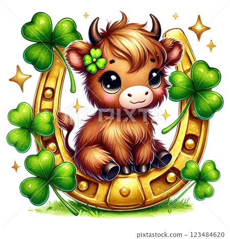 Cute St. Patrick Day Highland Cow Clipart. Irish Baby Highland Cow Collection. Lucky Clover Festive PNG Illustration Cute St. Patrick Day Highland Cow Clipart. Irish Baby Highland Cow Collection. Lucky Clover Festive PNG Illustration 123484620