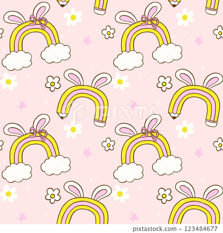 Retro Easter School Seamless Pattern, Rainbow Pencil Rainbow with Bunny Ears wallpaper background Retro Easter School Seamless Pattern, Rainbow Pencil Rainbow with Bunny Ears wallpaper background 123484677