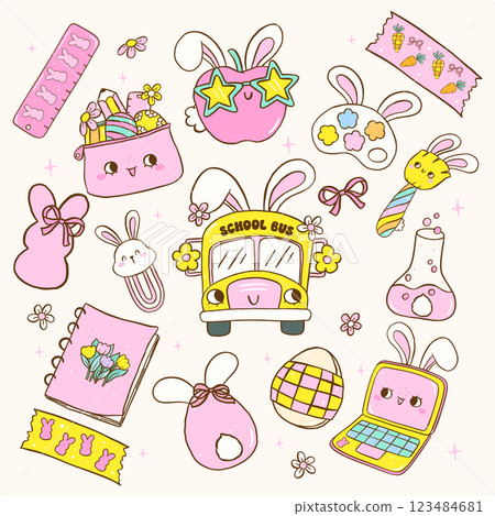 Retro Pastel School Supply with Easter Theme, Groovy Coquette Cartoon Outline collection 123484681