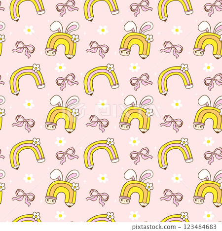 Retro School Easter Seamless Pattern, Rainbow Pencil Rainbow with Bunny Ears wallpaper background Retro School Easter Seamless Pattern, Rainbow Pencil Rainbow with Bunny Ears wallpaper background 123484683