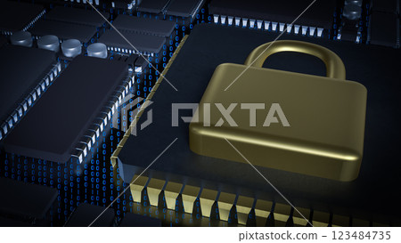 The Gold Lock on Chip for Technology or Security concept 3d Rendering. The Gold Lock on Chip for Technology or Security concept 3d Rendering. 123484735