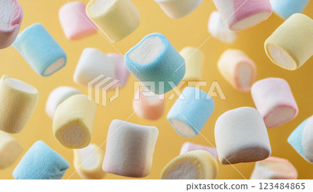 黃色背景落下許多彩色棉花糖 123484865