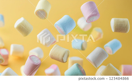 黃色背景落下許多彩色棉花糖 123484866