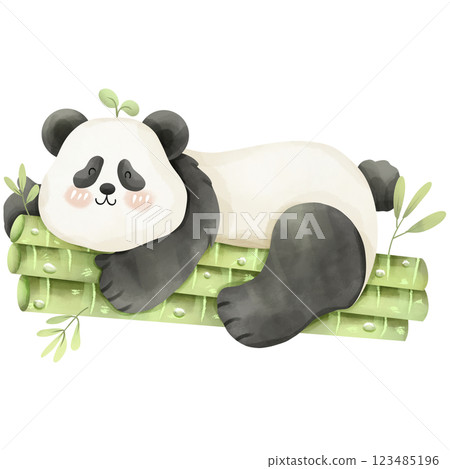 Cartoon panda sleeping on a bamboo stalk, hand drawn watercolor 123485196